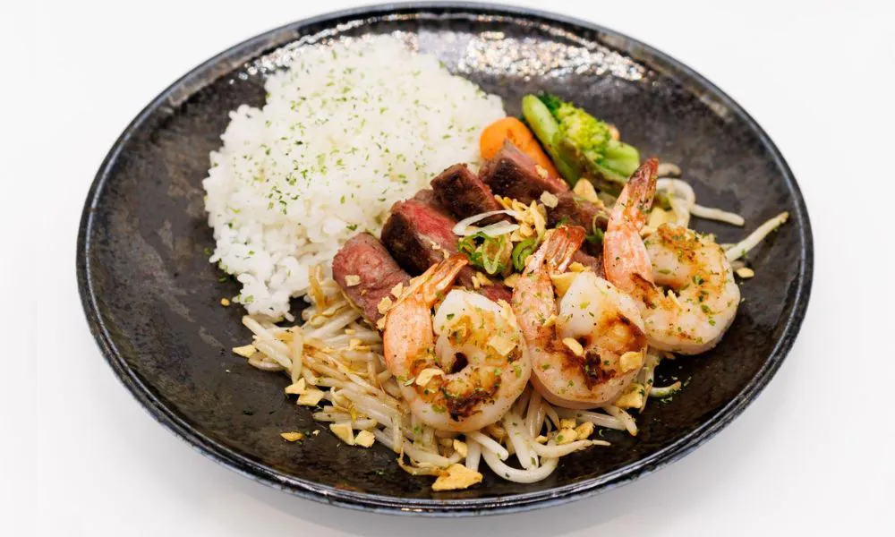 Garlic Shrimp & Beef Sirloin Plate at Chibo, a Japanese Restaurant in Torrance